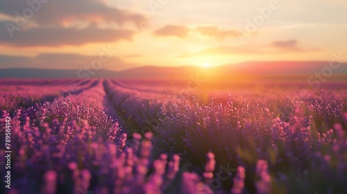 Lavender field with sunset in the background. The lavender is in focus, while the sunset is out of focus.