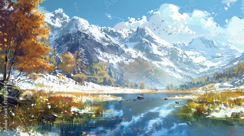 This is a beautiful landscape painting of a mountain range. The mountains are covered in snow. The sky is a clear blue.
