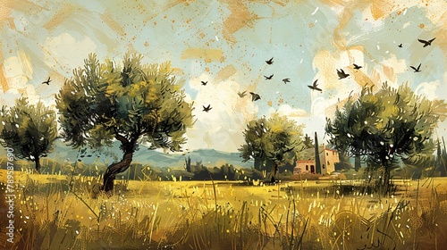 Classic depiction of a Mediterranean olive grove with small songbirds