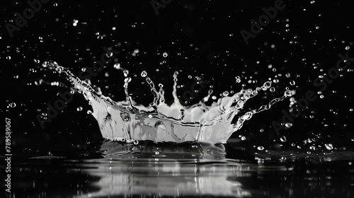 Black and white water splash on a black background. The water is captured in mid-air, with droplets of water suspended in time.