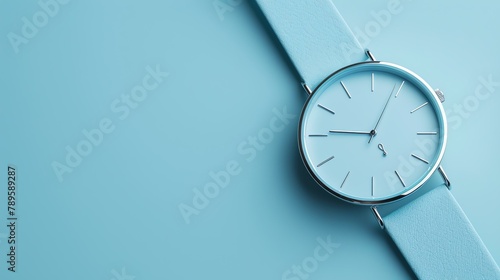 A minimalist watch with a blue leather strap on a blue background.