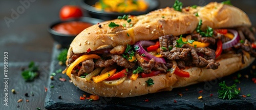 Savory Cheesesteak with Colorful Toppings on Dark Slate.. Concept Cheesesteak Photography, Food Styling, Dark Slate Background, Colorful Toppings, Savory Cuisine