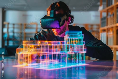 Architect wearing Vr glasses holographic building in table. A seasoned architect with grey hair immersed in virtual reality session, fine-tuning luminous holographic model of urban landscape