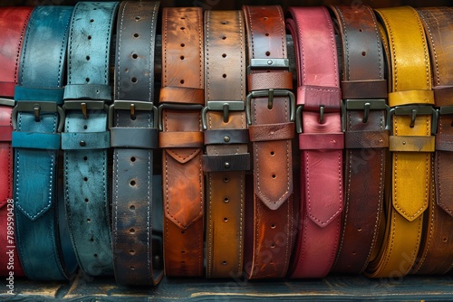 Stacked colorful leather belts featuring different buckles and patterns lending a sense of fashion and choice