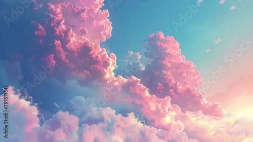 Amazing beautiful pink cloudscape with a bright center. The sky is a gradient of blue and pink.