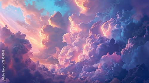 A beautiful cloudscape with a variety of colors and textures. The clouds are mostly white, but there are also areas of pink, blue, and purple.