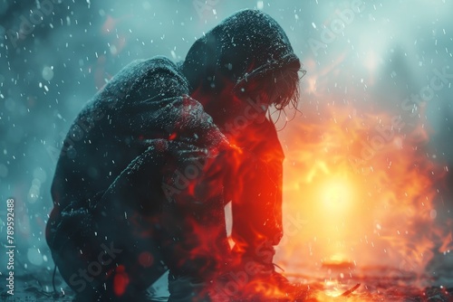 A surreal representation of a human figure in a blurred wintry background, with contrasting warm fire elements