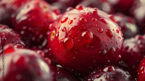 Close-up of fresh cranberries with water drops. The cranberries are a deep red color and have a glossy sheen.