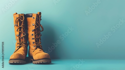 **Image description:** A pair of yellow workboots against a blue background. The boots are made of leather and have a lace-up front.