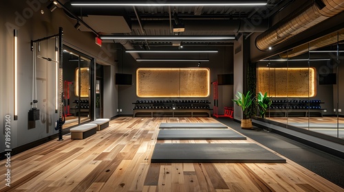 A fitness studio with wood floors, mirrors, and exercise equipment. The room is lit by warm lighting. There are several yoga mats on the floor.