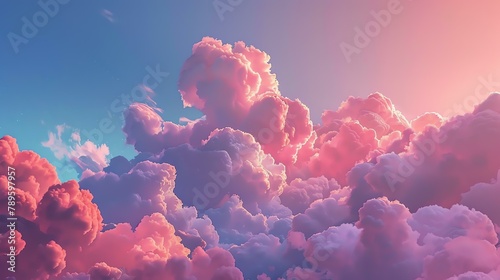 Amazing view of pink cloudscape with blue sky. Beautiful natural background with fluffy clouds in sunset light.