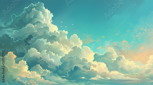 A beautiful digital painting of a blue sky filled with white clouds. The clouds are soft and fluffy, and they look like they are floating in the sky.
