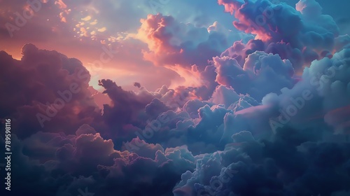 A beautiful cloudscape with a variety of colors. The clouds are mostly blue and white, but there are also hints of pink, orange, and yellow.