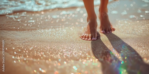 Women's bare feet on the sand, the grains of sand shine colorfully in the light from the sunny daylight on the sea beach