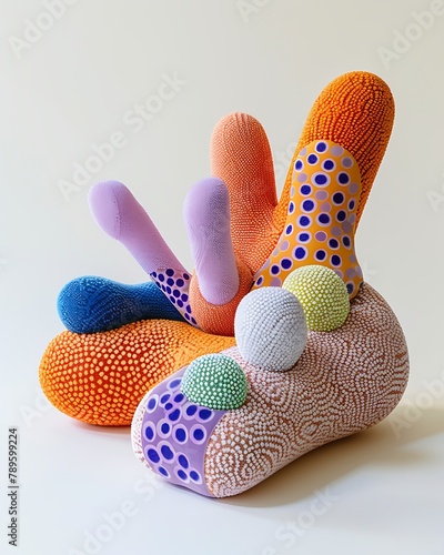 Colorful, textured fabric sculptures resembling coral shapes displayed on a neutral background for an artistic expression concept 