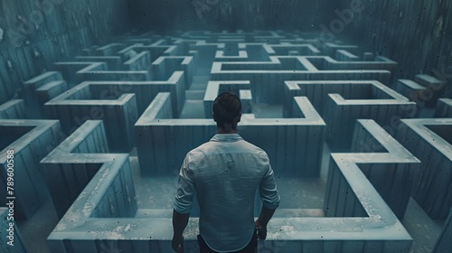 Abstract illustration, a man with his back turned in front of a giant maze, concept of decision making, difficulties.