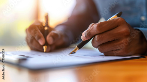 A person is seen writing on a piece of paper with a pen