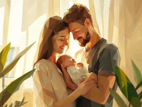 Loving Family with Newborn in Geometric Art