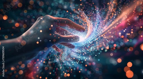 A hand touching the vortex of data and information flow, surrounded in the style of colorful light spots on a dark background Digital technology concept with a futuristic design Highly detailed, ultra