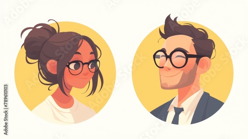 Two business professionals with glasses and a smiling man depicted as a cartoon avatar in round profile picture icons in a 2d illustration for graphic design