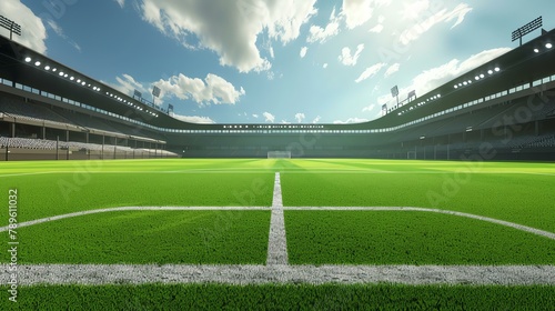 Green soccer field with white lines and markings. The stadium is empty and the sun is shining.