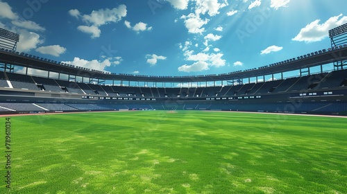 An empty baseball stadium with green grass field, blue sky and white clouds.