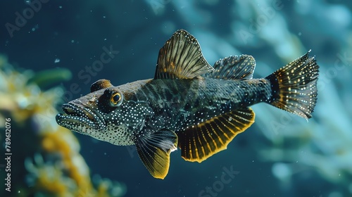The dark fish with yellow fins and white spots swims in the deep blue sea. Its yellow eyes are looking at the camera.