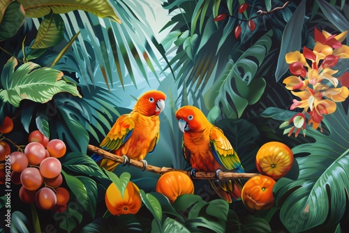 Retro wallpaper with parakeets and tropical fruits in a lush rainforest setting