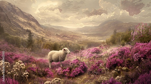 Rustic drawing of a field of heather and thistles with a wandering sheep