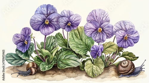 Rustic drawing of violets and snails after a rain with drops still on leaves