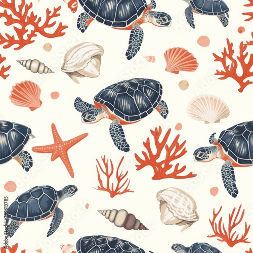 Tropical Marine Life Pattern with Turtles and Coral
