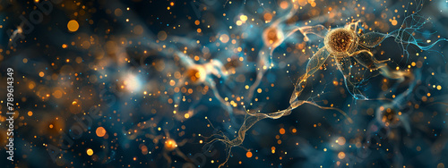 Abstract background #D pattern - DNA, constellations, neural cells. Horizontal banner