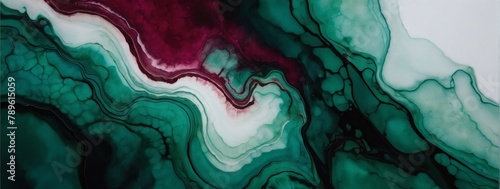 Midnight green and garnet abstract background made with alcohol ink technique, bright white veins texture.