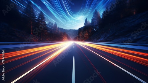 Blazing trails with car headlights captured in motion, the light trails coded with streaming data, embodying high-speed tech on a roadway in 4k