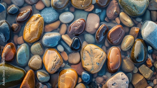 Top view of smooth polished rocks of different colors and sizes with water droplets on their surface. The stones are arranged in a chaotic manner.