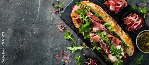 Top view of a ciabatta sandwich with romaine salad, prosciutto, and mozzarella cheese on a stone background, featuring copy space.