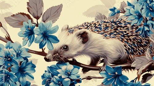 Vintage wallpaper design with bluebells and hedgehogs rustling through underbrush