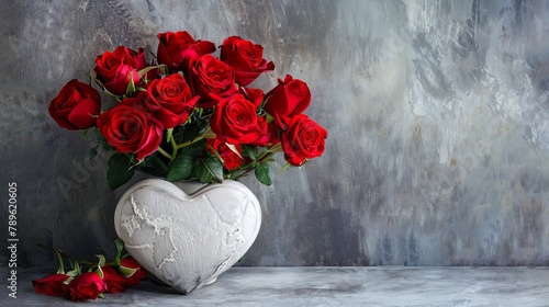 Red roses in a heart shaped vase, plain gray background 