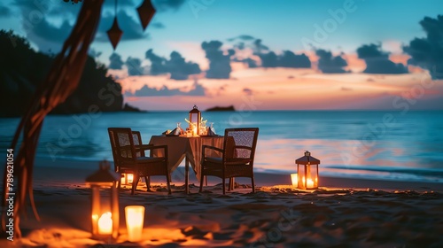 A couple's romantic dinner is set up on a beach. The sun is setting, and the waves are gently crashing on the shore.