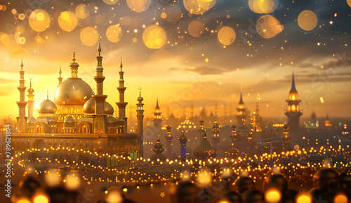 Beautiful golden mosque illustration background for Eid Mubarak celebration