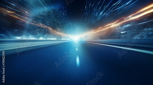 High-definition close-up of car headlights speeding over a tech-enhanced road, their light mingling with digital code to showcase rapid acceleration