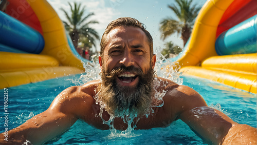 Portrait of a man in a water park in summer
