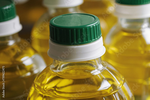 A row of bottles of sunflower oil in supermarket. The bottles are all the same size and shape