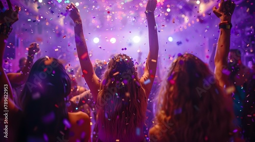 Nightlife Bliss: Confetti Dance under Violet Hues. Concept Nightlife, Confetti Dance, Violet Hues