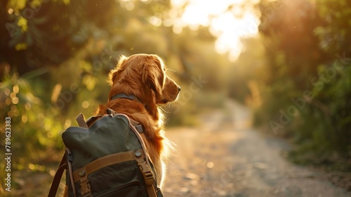  The back of a golden retriever walking with a backpack cute illustration
