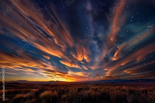 : Starry night sky fading into a spectacular sunrise with wispy clouds.
