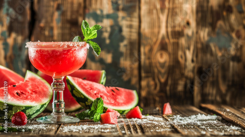 Frosty watermelon cocktail adorned with fresh mint in a rustic setting