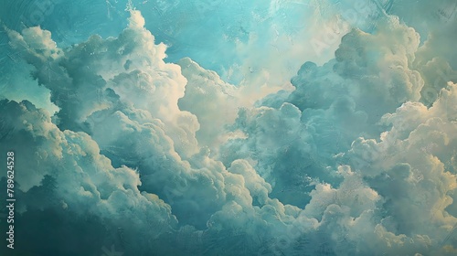 An ethereal dreamscape of billowing clouds, painted in soft hues of blue and white.