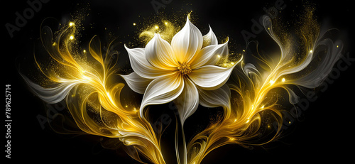 Abstrakcyjny wzór, motyw kwiatowy. Dekoracja scienna, tapeta. Złoty i biały kolor kwiatu