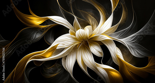 Abstrakcyjne tło. Wzór kwiatowy na czarnym tle, biały i złoty kolor